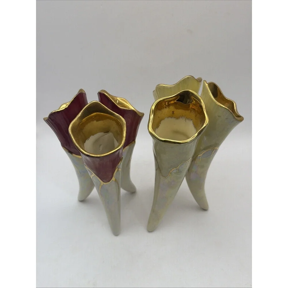2 Japanese Lusterware 3 Horn Flower Vases Iridescent Purple Gold 6.5